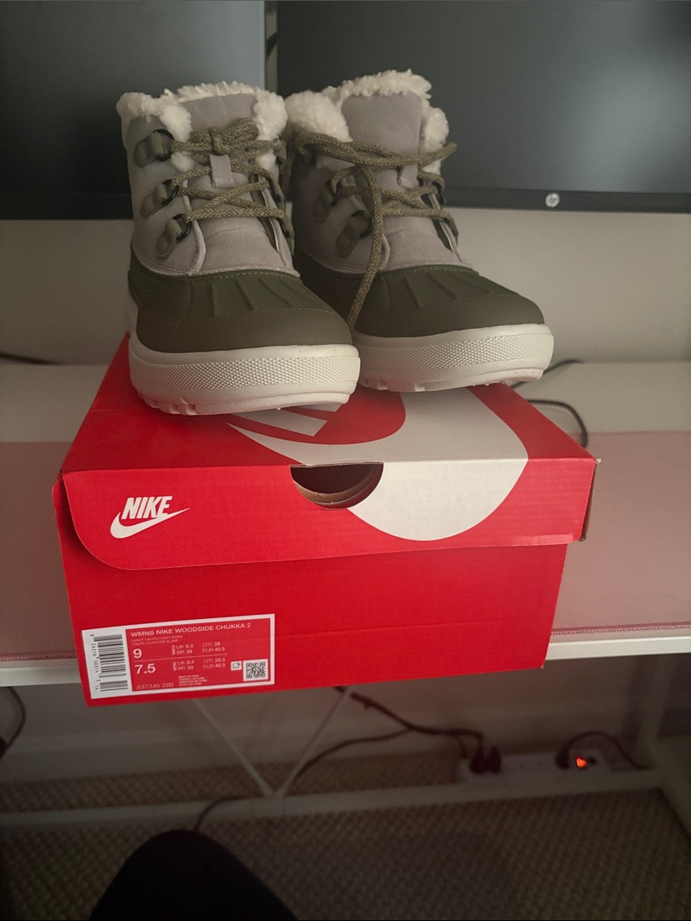 Nike Women’s Olive Green and Light Gray Faux Fur Winter Boots